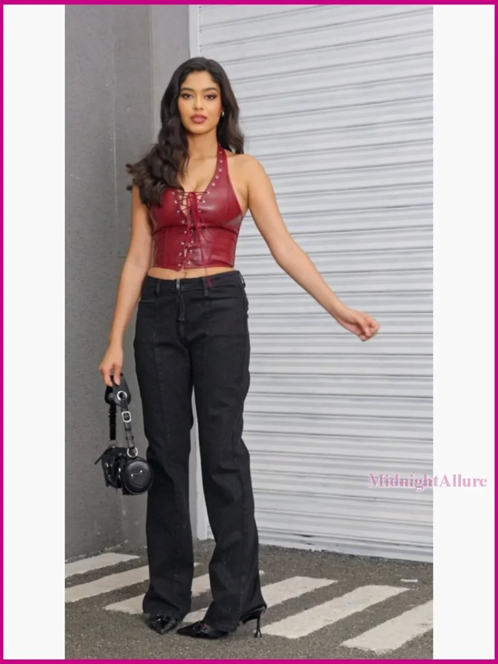 Punk PU Leather Halter Top Grommet Eyelet Tie Front Corset Crop Top Medium - Picture 6 of 6